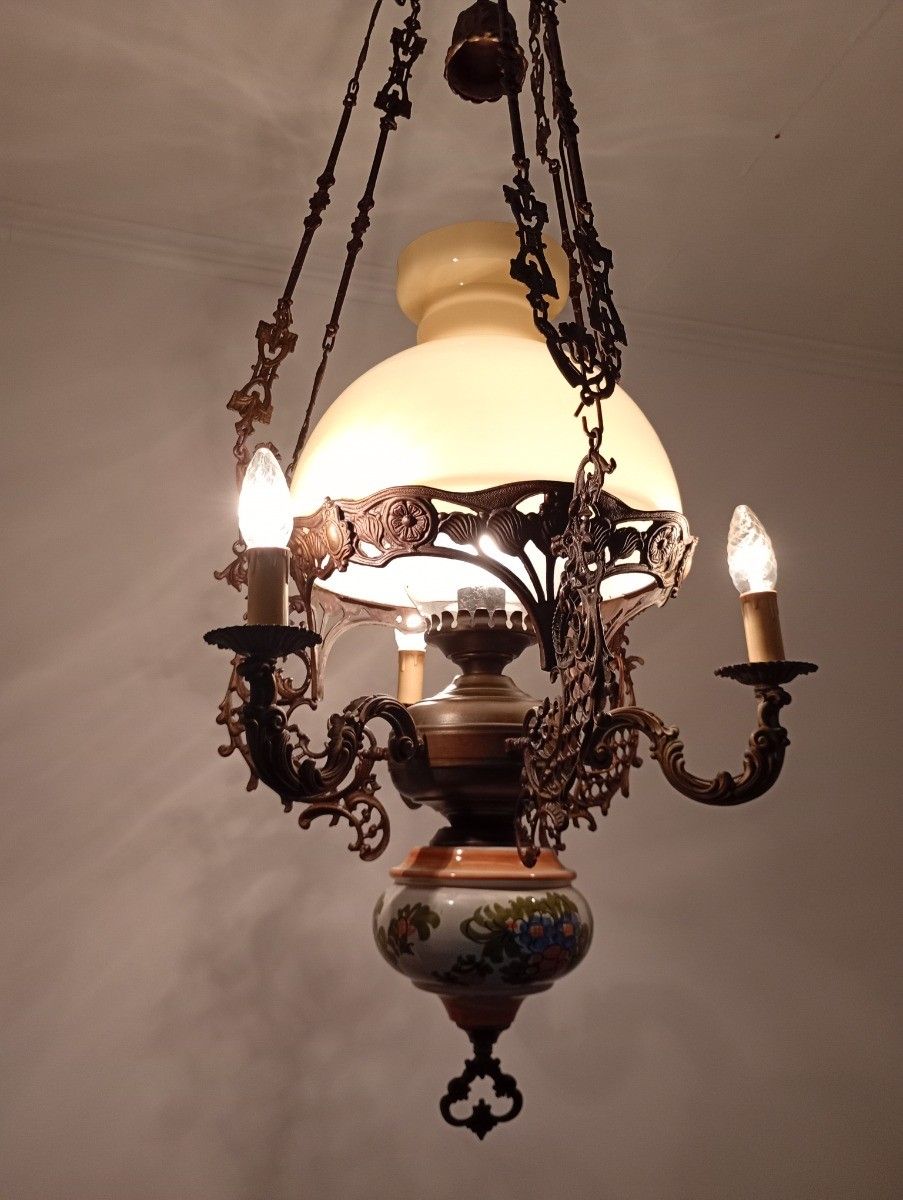 Lampe Belge Antique Chandelier Yellow Glass Shade Brass 4 Lamps Porcelain Gorg photo for sale