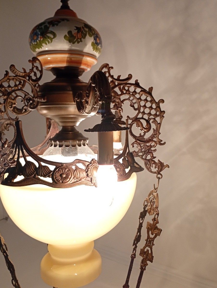 Lampe Belge Antique Chandelier Yellow Glass Shade Brass 4 Lamps Porcelain Gorg photo Lighting