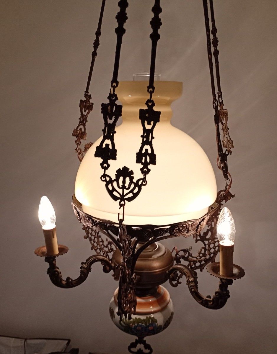 Lampe Belge Antique Chandelier Yellow Glass Shade Brass 4 Lamps Porcelain Gorg photo 873.0