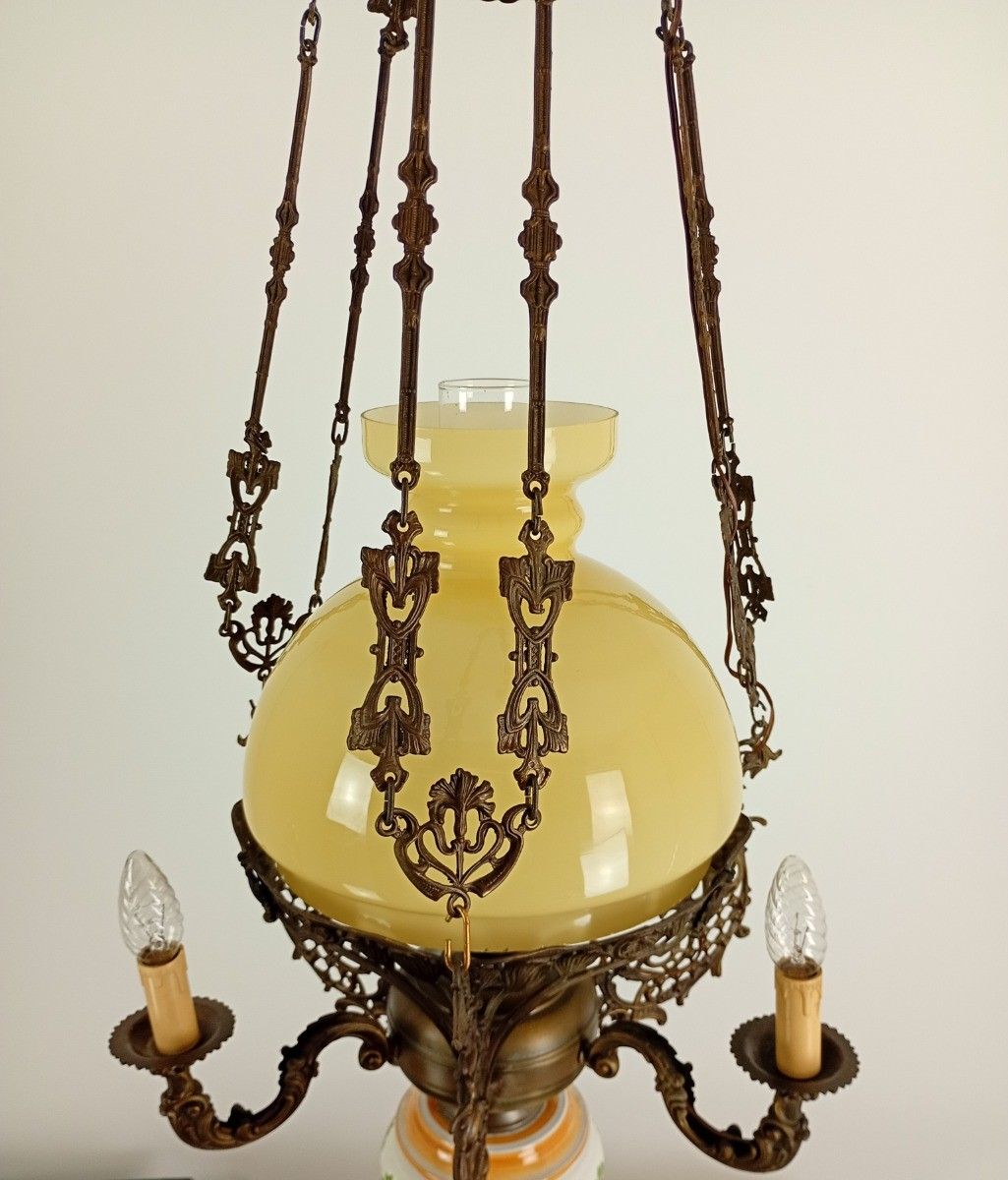 Lampe Belge Antique Chandelier Yellow Glass Shade Brass 4 Lamps Porcelain Gorg photo vintage