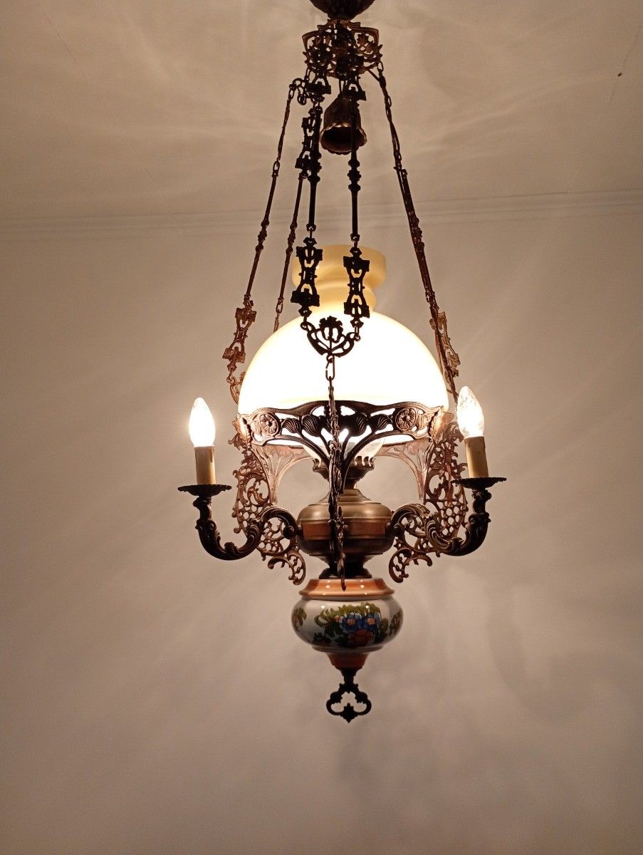 photo furniture Lampe Belge Antique Chandelier Yellow Glass Shade Brass 4 Lamps Porcelain Gorg