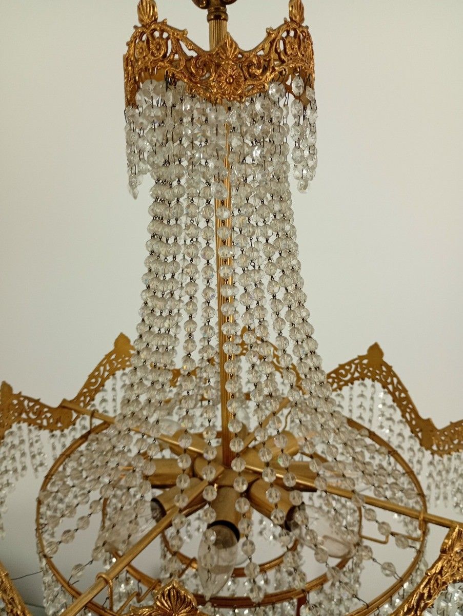 Stunning Wedding Bag Chandelier 4 Tier 9 Lights Crystal Prisms Brass Vintage Fix photo Lighting