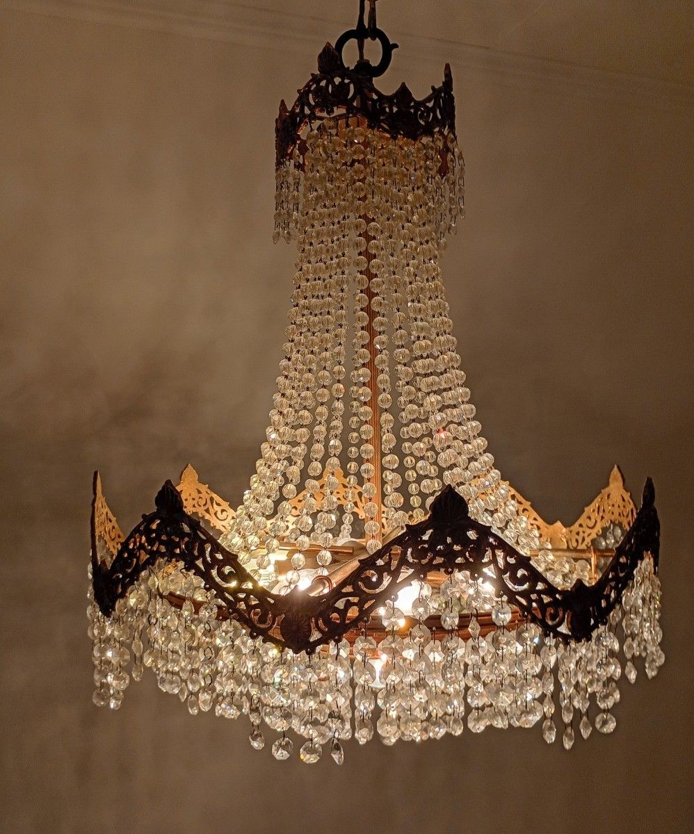 Stunning Wedding Bag Chandelier 4 Tier 9 Lights Crystal Prisms Brass Vintage Fix photo buy
