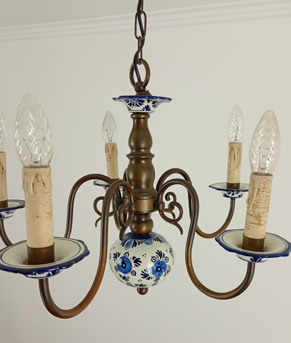 Vintage Delft Blue White Porcelain Brass Chandelier 5 Arm Hand Painted Farmhouse photo for sale