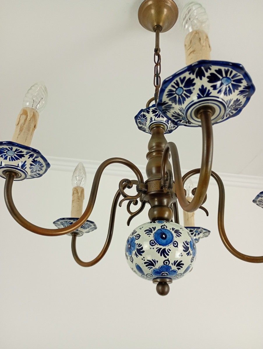 Vintage Delft Blue White Porcelain Brass Chandelier 5 Arm Hand Painted Farmhouse photo vintage