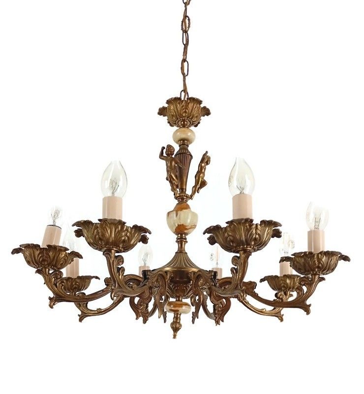 Gorgeous Chandelier With Putti Brass With Marble Parts Hollywood Regency Style V