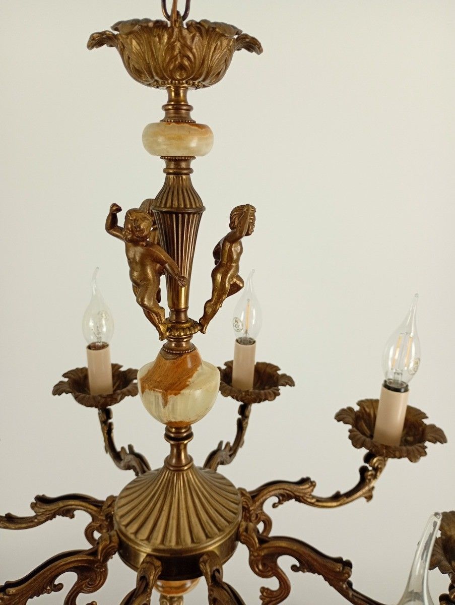 Gorgeous Chandelier With Putti Brass With Marble Parts Hollywood Regency Style V photo for sale