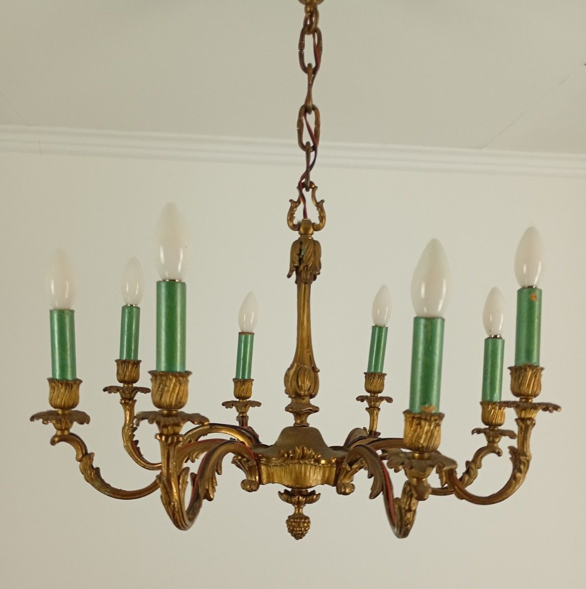 French Brass Hollywood Regency Style Chandelier 8 Arm Lights Ornate Green Candle photo furniture