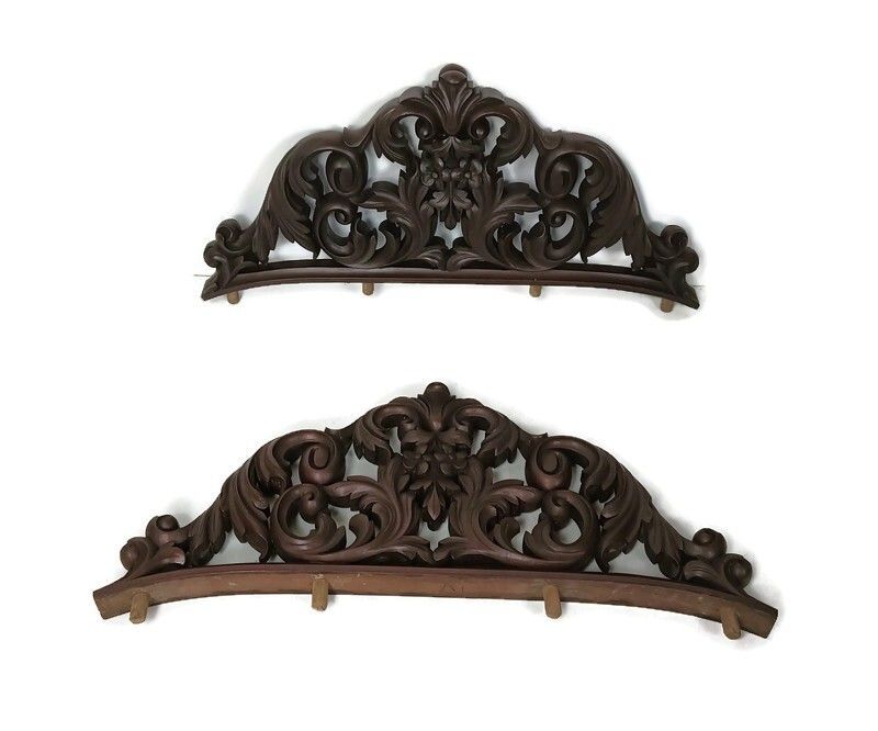 Pair Hand Carved Ornate Antique Pediments Over Door Wood  Reclaimed Architectura