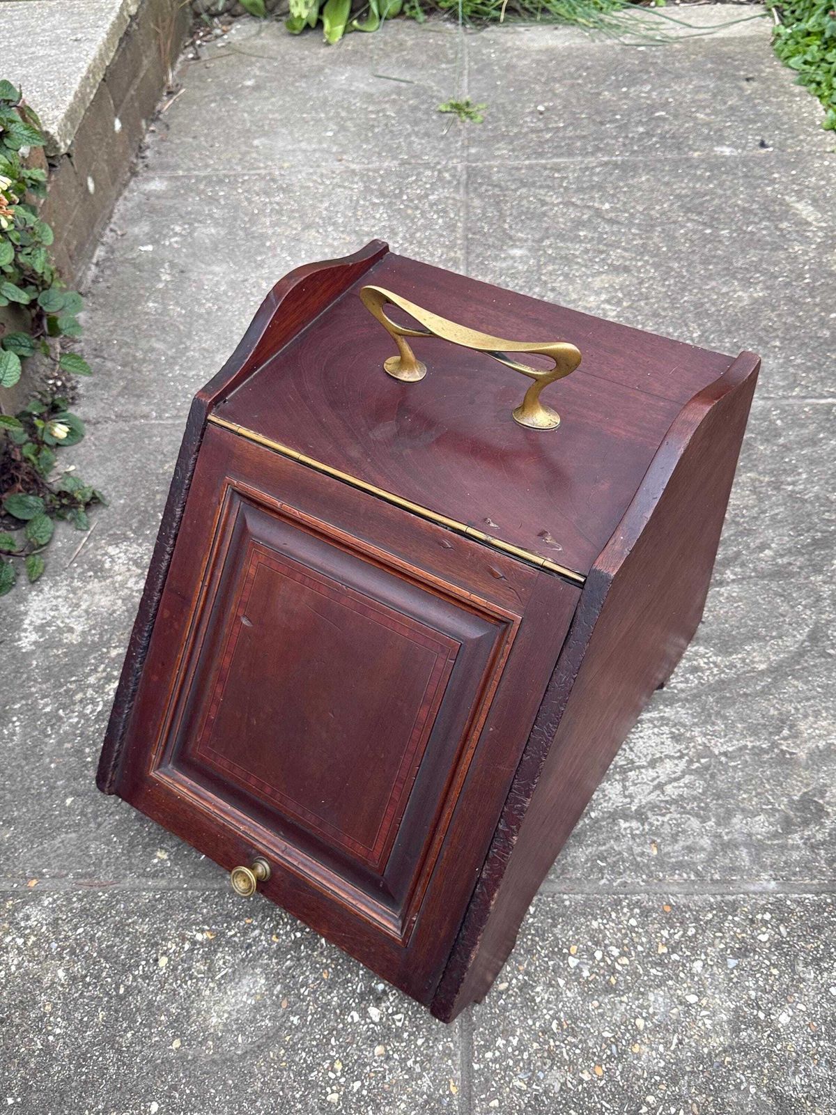 photo for sale Vintage Wooden Coal Scuttle Brass Handle Fireside Log Storage Box Cabinet