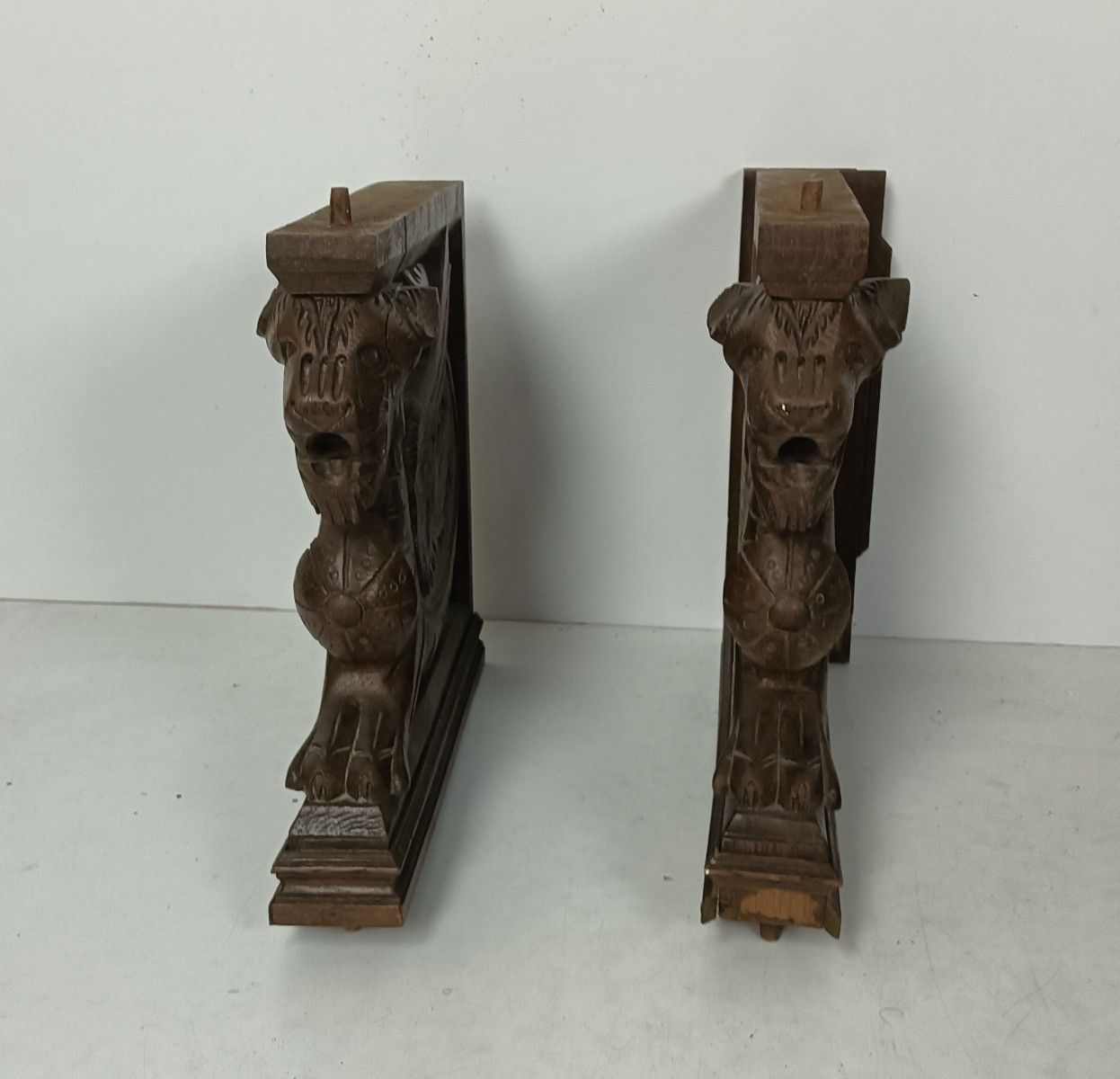 Couple  French Corbels Dragons Hand Carved Wood Brackets Gothic Architectural He photo vintage