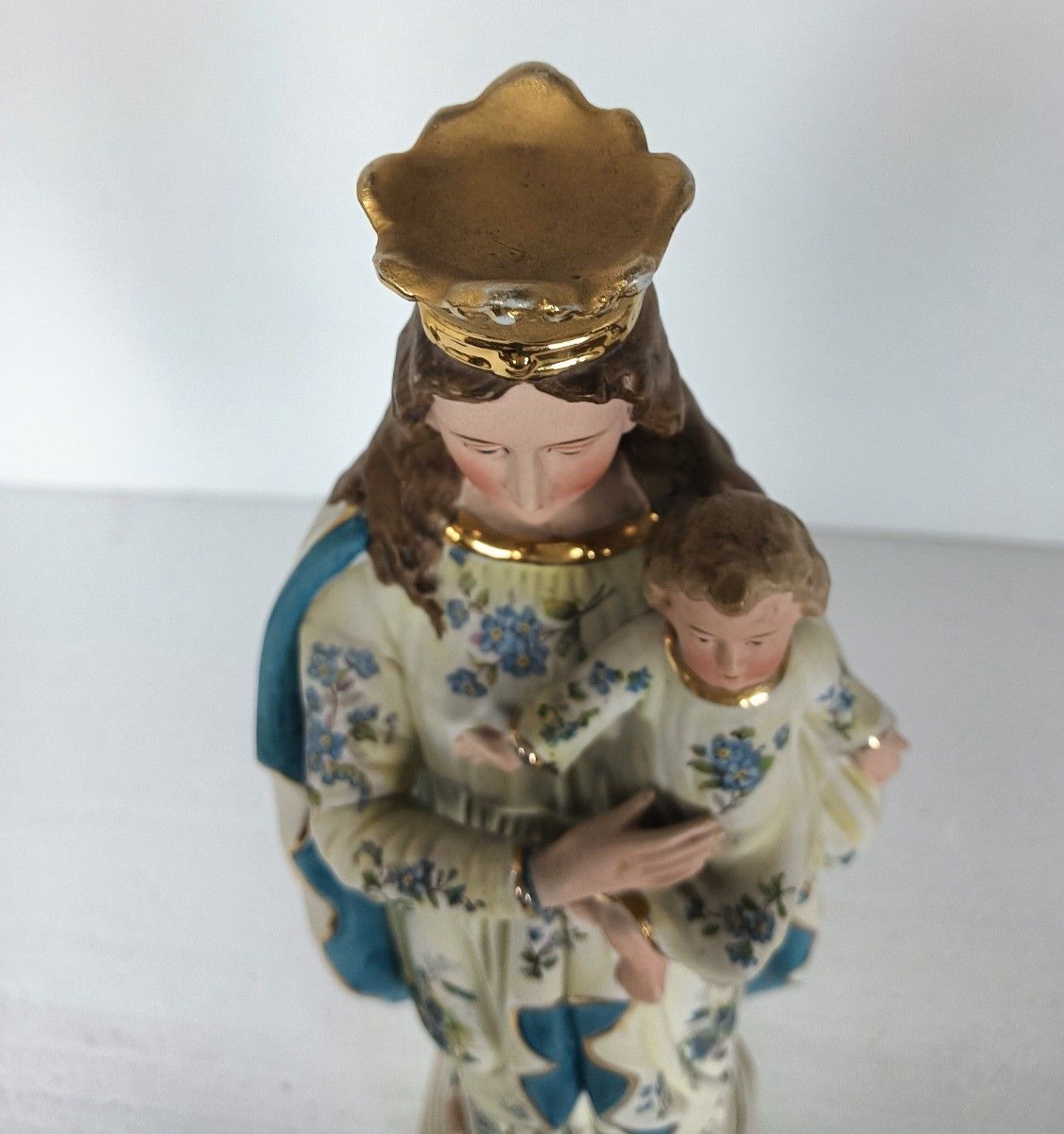 French Antique Bisque Statue Virgin Mary Lady Madonna With Infant Jesus Baby Blu photo for sale