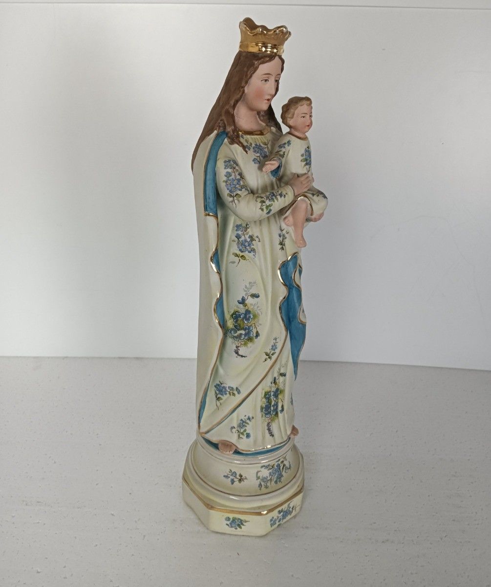 French Antique Bisque Statue Virgin Mary Lady Madonna With Infant Jesus Baby Blu photo buy
