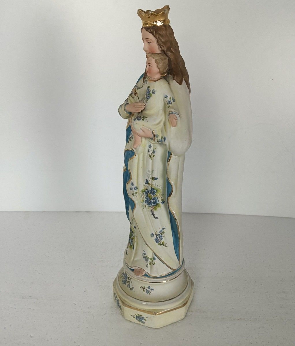 photo furniture French Antique Bisque Statue Virgin Mary Lady Madonna With Infant Jesus Baby Blu