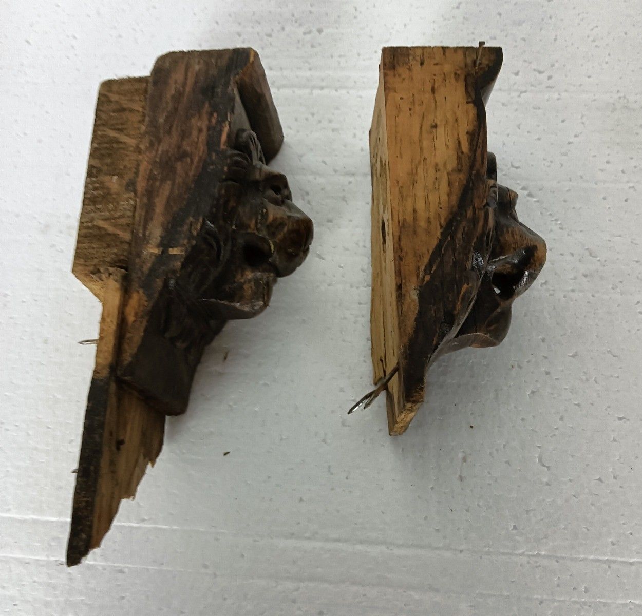 Antique Couple Corbels Hand Carved Wood Architectural Reclaimed Lion Heads Trims photo furniture