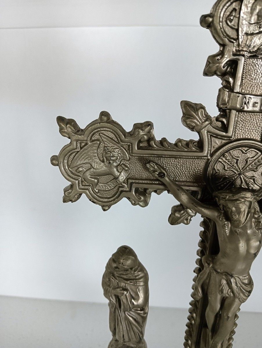 Standing Crucifix Cross Saint John Saint Mary Magdalene Golgotha Apostles Spelte photo Art