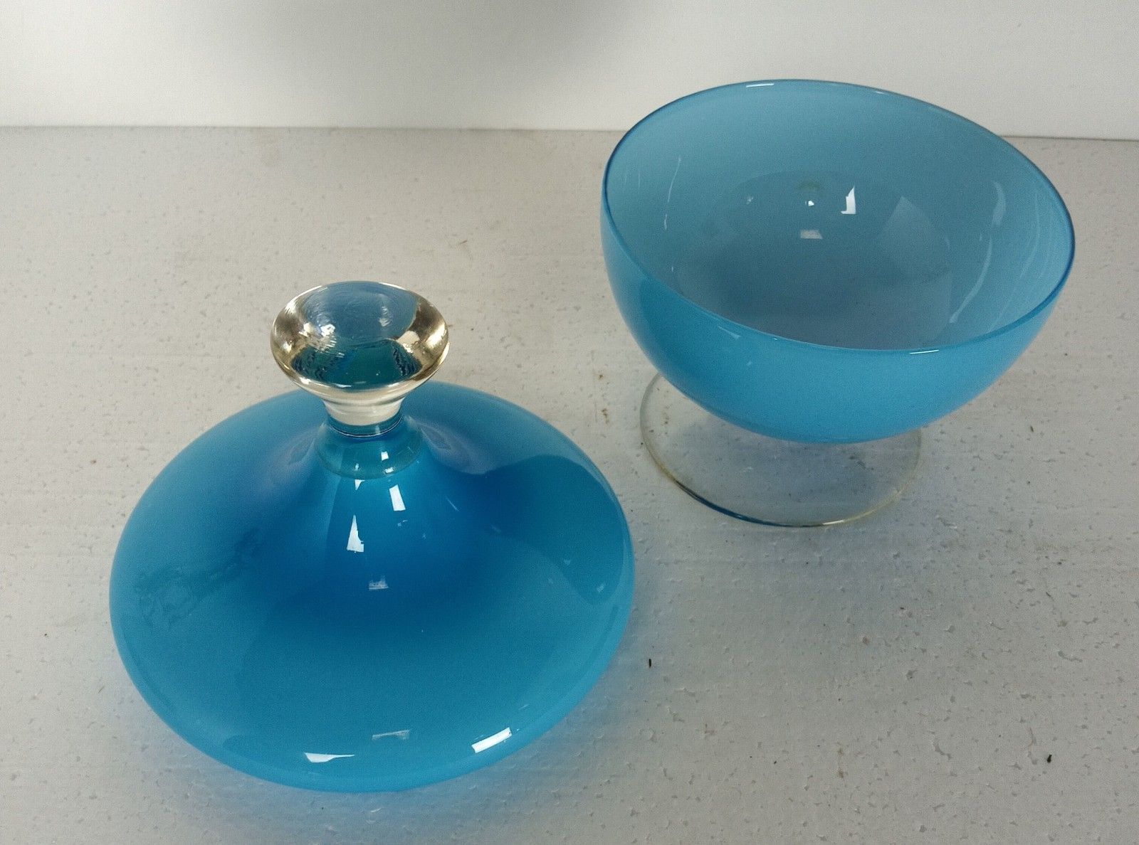 Vintage Goblet Apothecary Candy Jar Lidded Art Glass Baby Blue  Bonbonniere Ital photo vinterior
