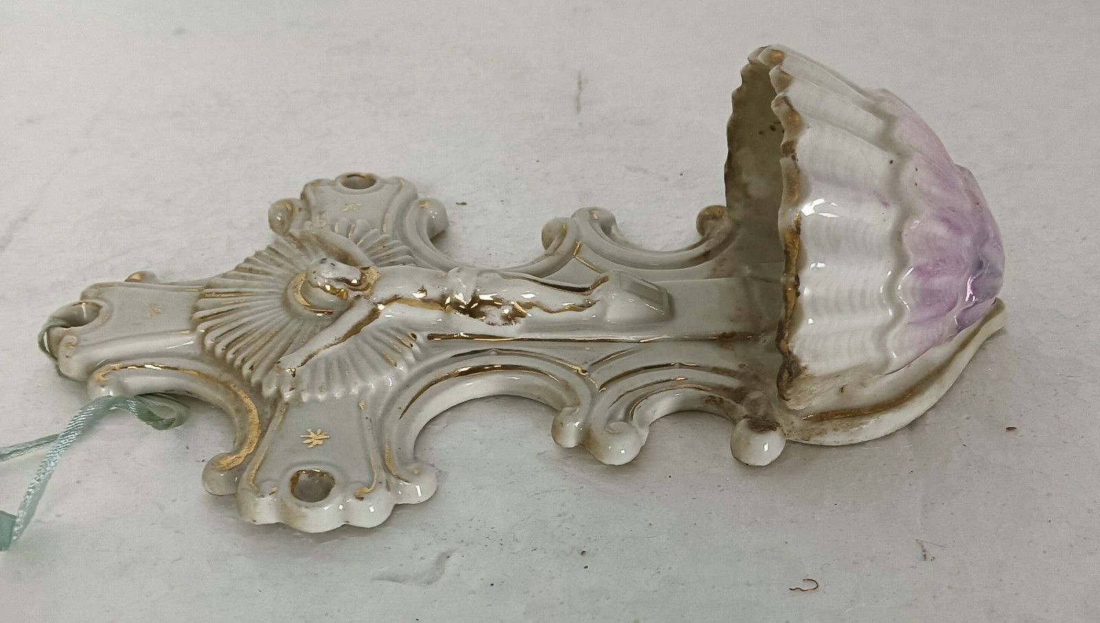 Antique Bisque Porcelain White Vessel Holy Water Font Crucifixion White Pink Wal photo vinterior