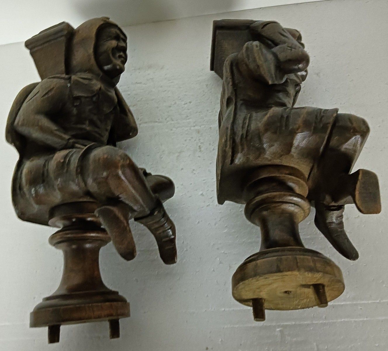 Pair Corbels Hand Carved Wood Panels Architectural Reclaimed Figurines Soldiers photo 447.0