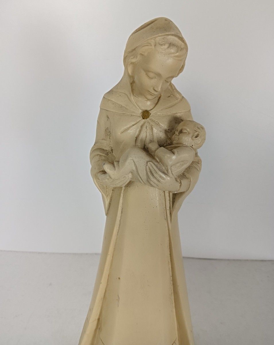 Art Deco Statue Virgin Mary Madonna With Infant Plaster Tenderness Bjb Collector photo furniture
