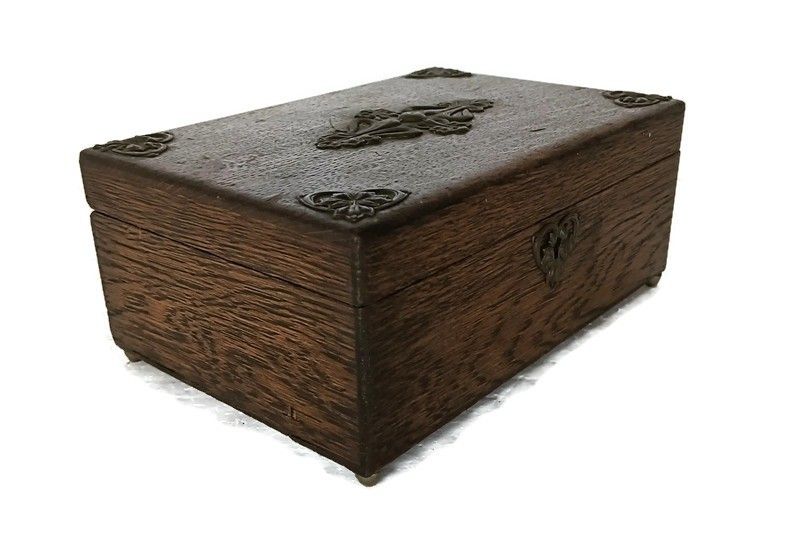 Antique  Wooden French Small Hope Chest Trunk Trinket Jewelry Box Metal Trim