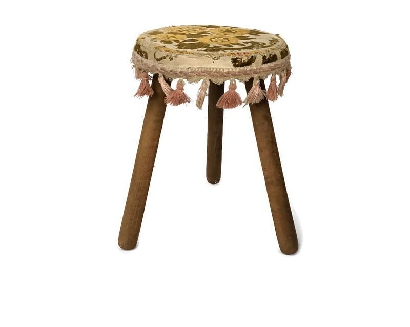 Hand Carved Wood Milking Stool Pedestal Table Pedestal Barn Style With Fabric On
