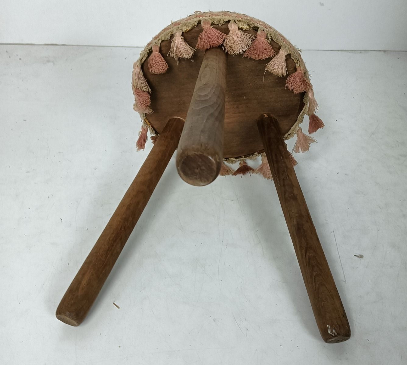 Hand Carved Wood Milking Stool Pedestal Table Pedestal Barn Style With Fabric On photo for sale