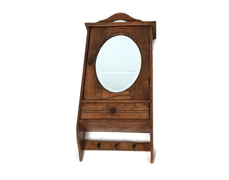 Medicine Cabinet  Wood Antique Apothecary Kitchen Bathroom Farmhouse Oval Mirror