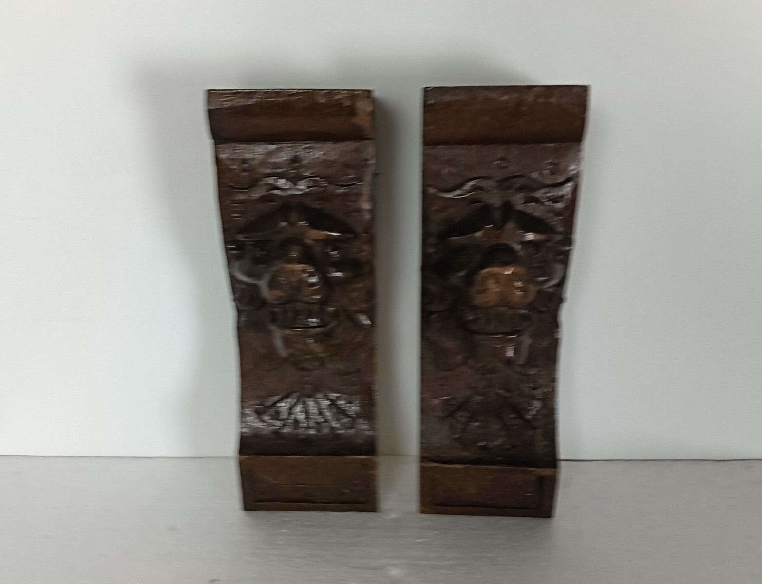 Antique Pair Corbels Hand Carved Wood Architectural Reclaimed Loon Heads Trims L photo furniture