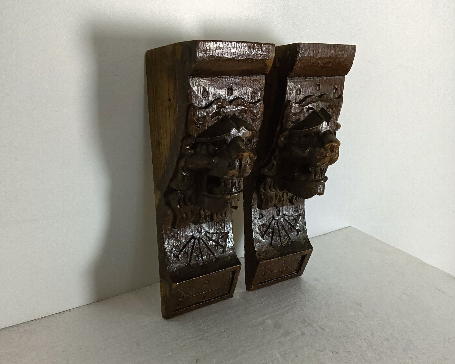 Antique Pair Corbels Hand Carved Wood Architectural Reclaimed Loon Heads Trims L photo 143.0