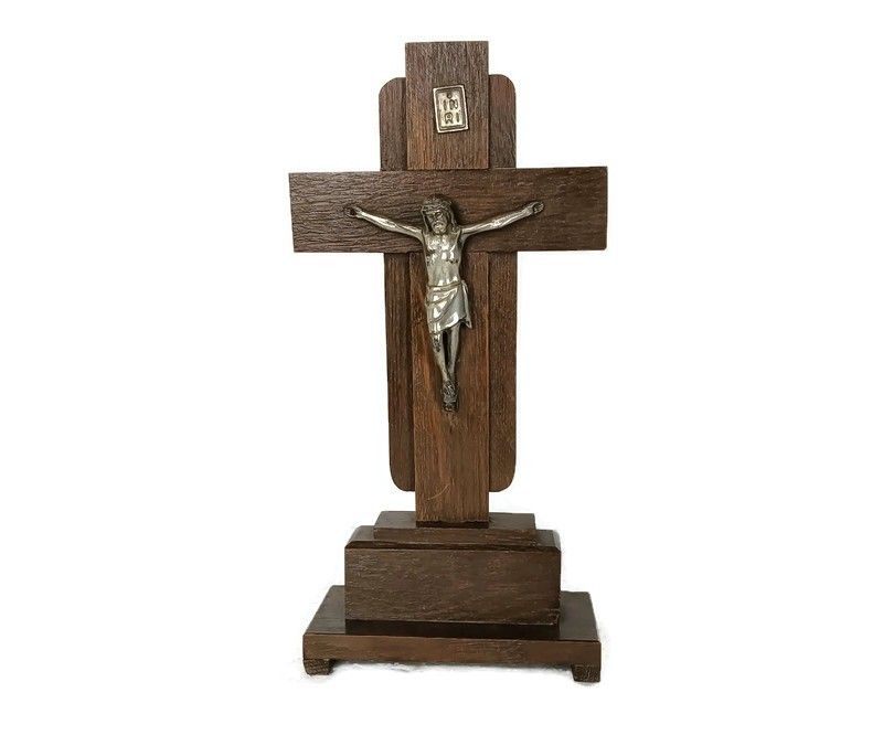 Art Deco Standing Table Crucifix Wood Spelter Corpus Christi Crucifixion Antique