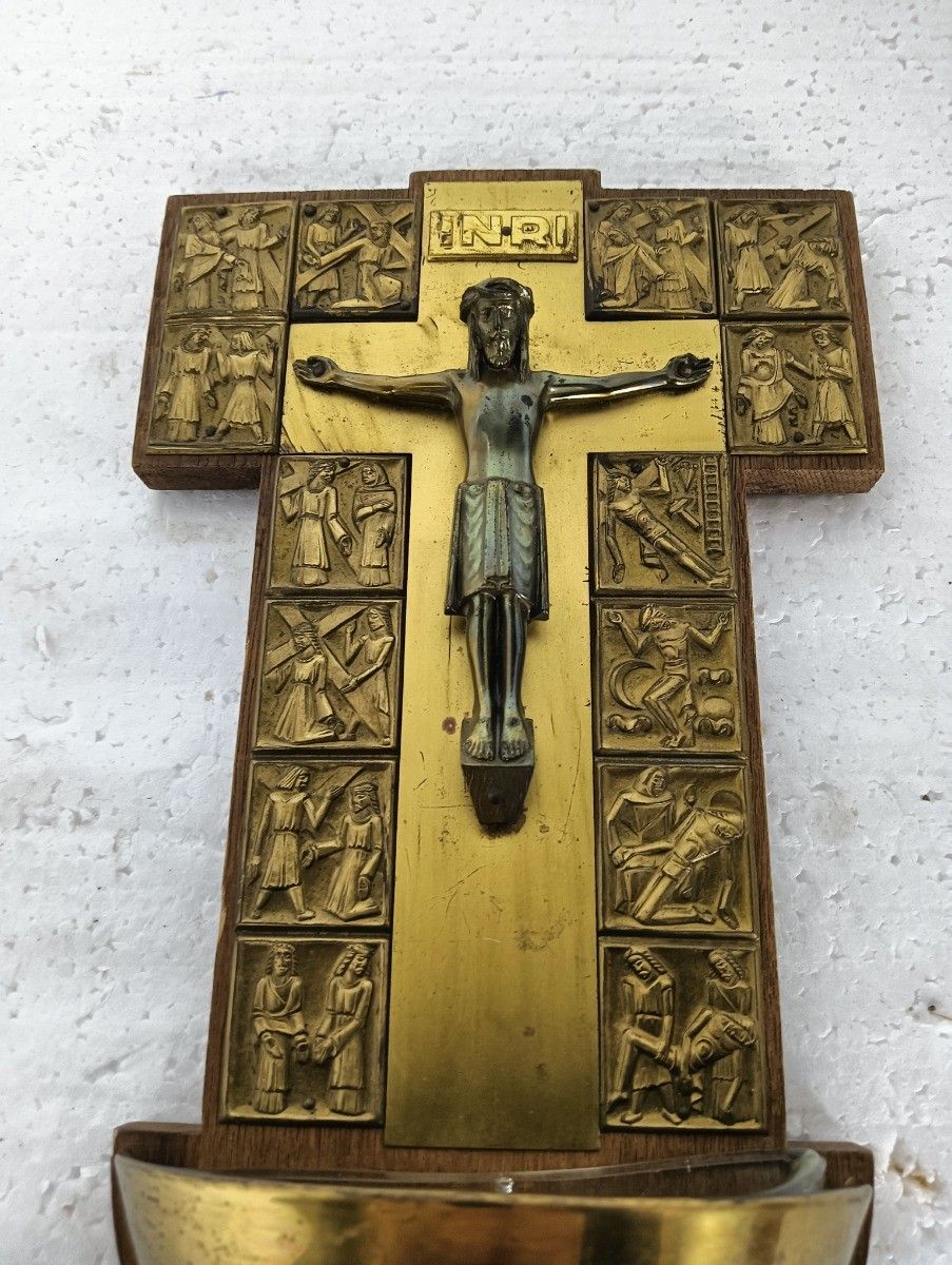 Large Holy Water Font Vessel Wall Hanging Antique Modernist Hammered Copper On W photo Art