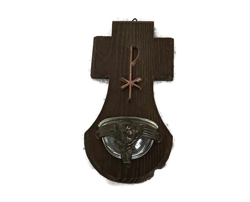 Holy Water Font Vessel Wall Hanging Antique Wood Copper Angels Lovely