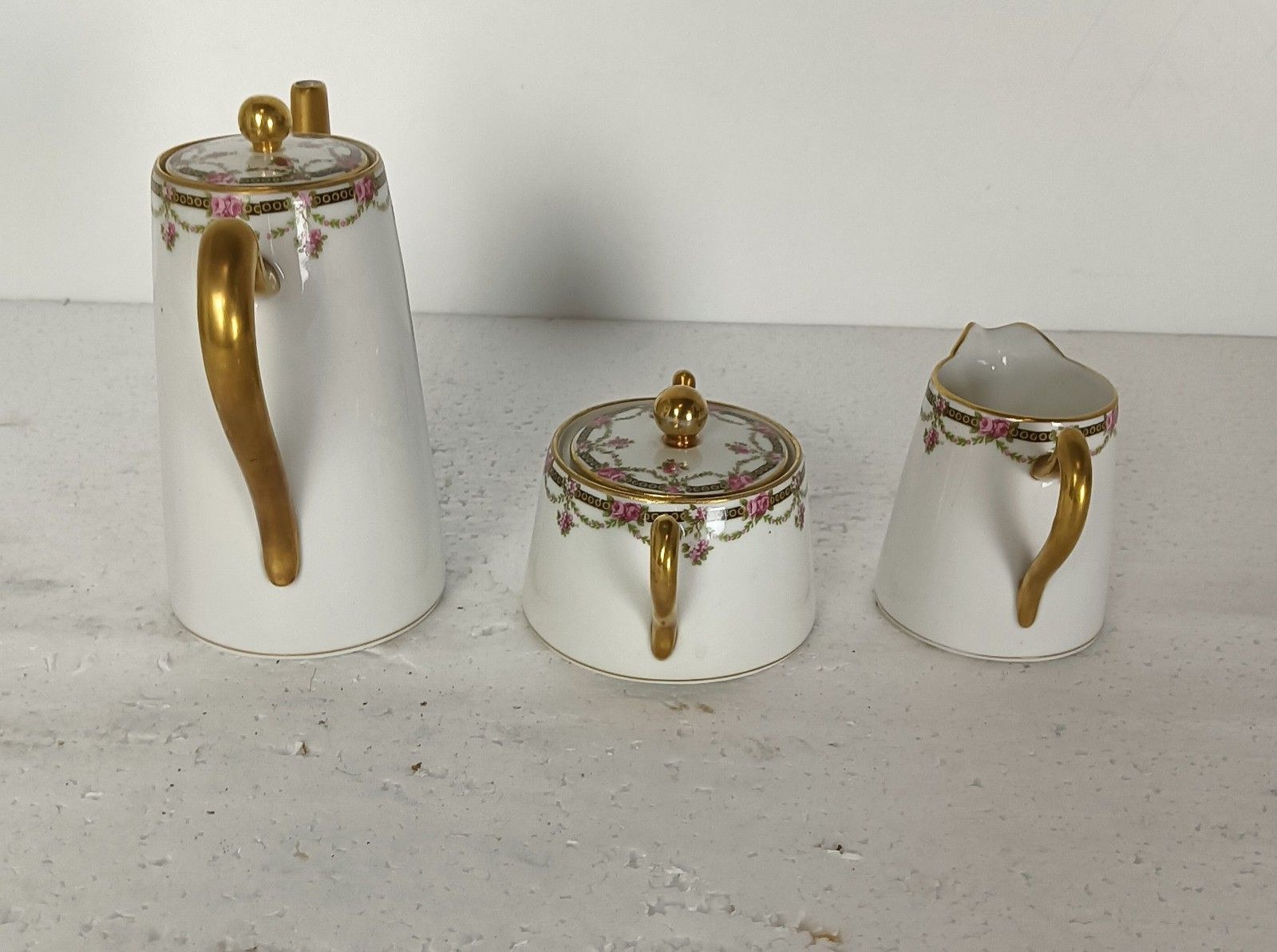 Art Deco Set Of 3 Limoges J.G. France Creamer Sugar Bowl Teaset Delicate Antique photo for sale