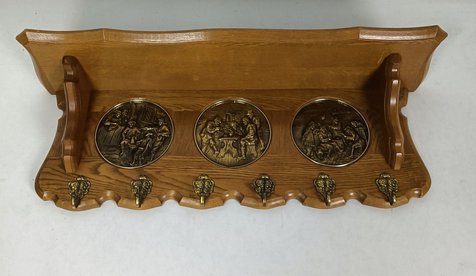 photo furniture Hand Carved Wood Coat Hat Rack Breughel Style Brueghel Brass Plaques Vintage