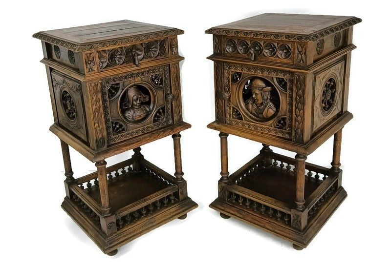 Antique Hand Carved Wood Breton France Nightstands End Tables Bedroom Cabinets W