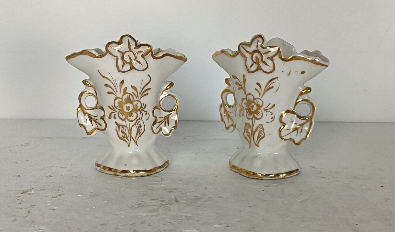 Couple Antique Vieux Paris Porcelain Fan Flair Bridal Vases  France
