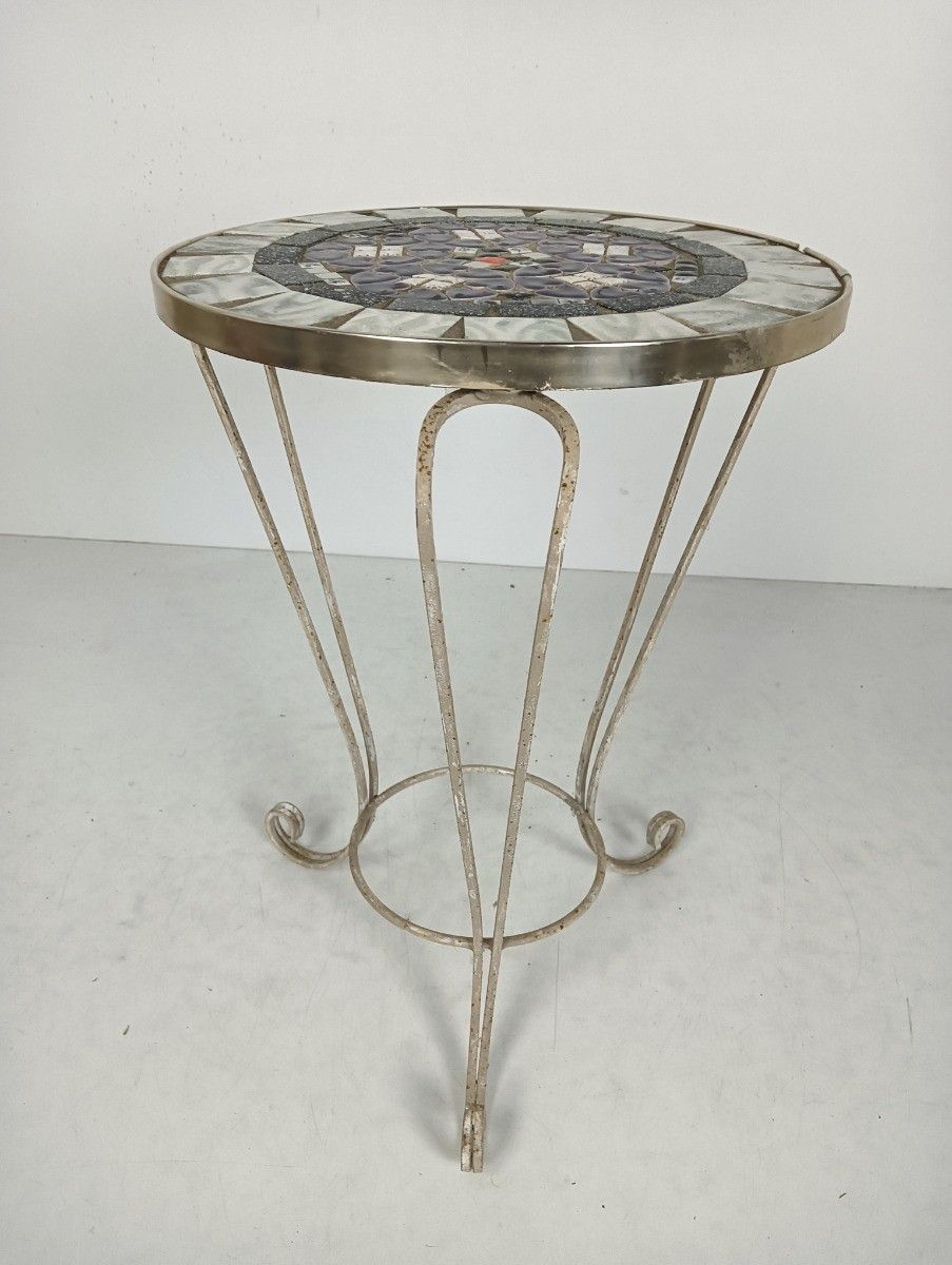 Side Round Table Plant Stand Ceramic Tiles Mosaic Wrought Iron Legs Vintage photo for sale