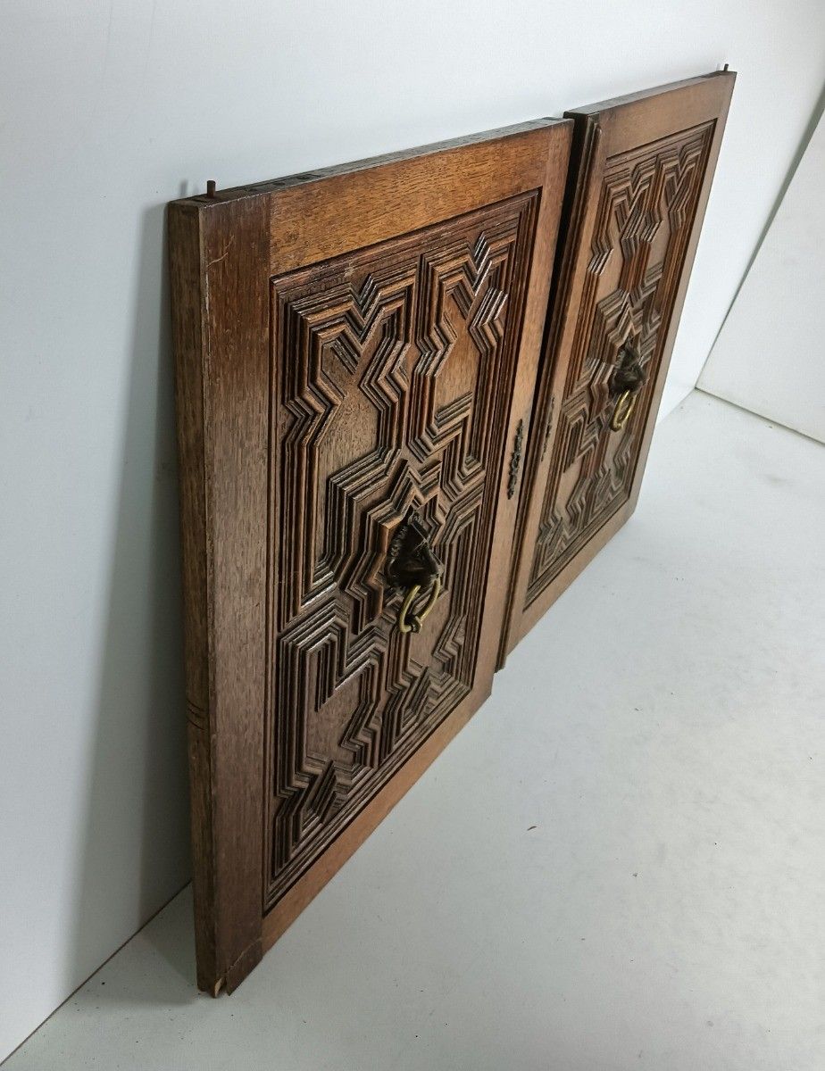 Antique Cabinet Doors Pair Ornate Carved Wood Lion Heads Rings Reclaimed Archite photo furniture