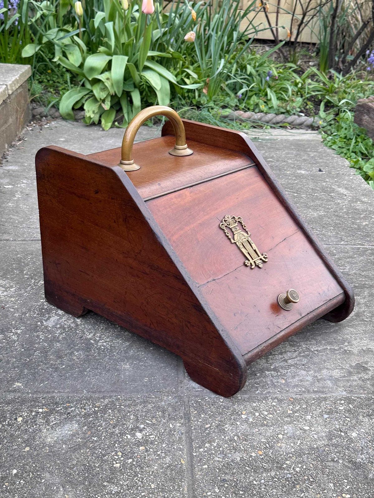 Antique Victorian Wooden Coal Scuttle Brass Fireside Log Storage Box photo furniture