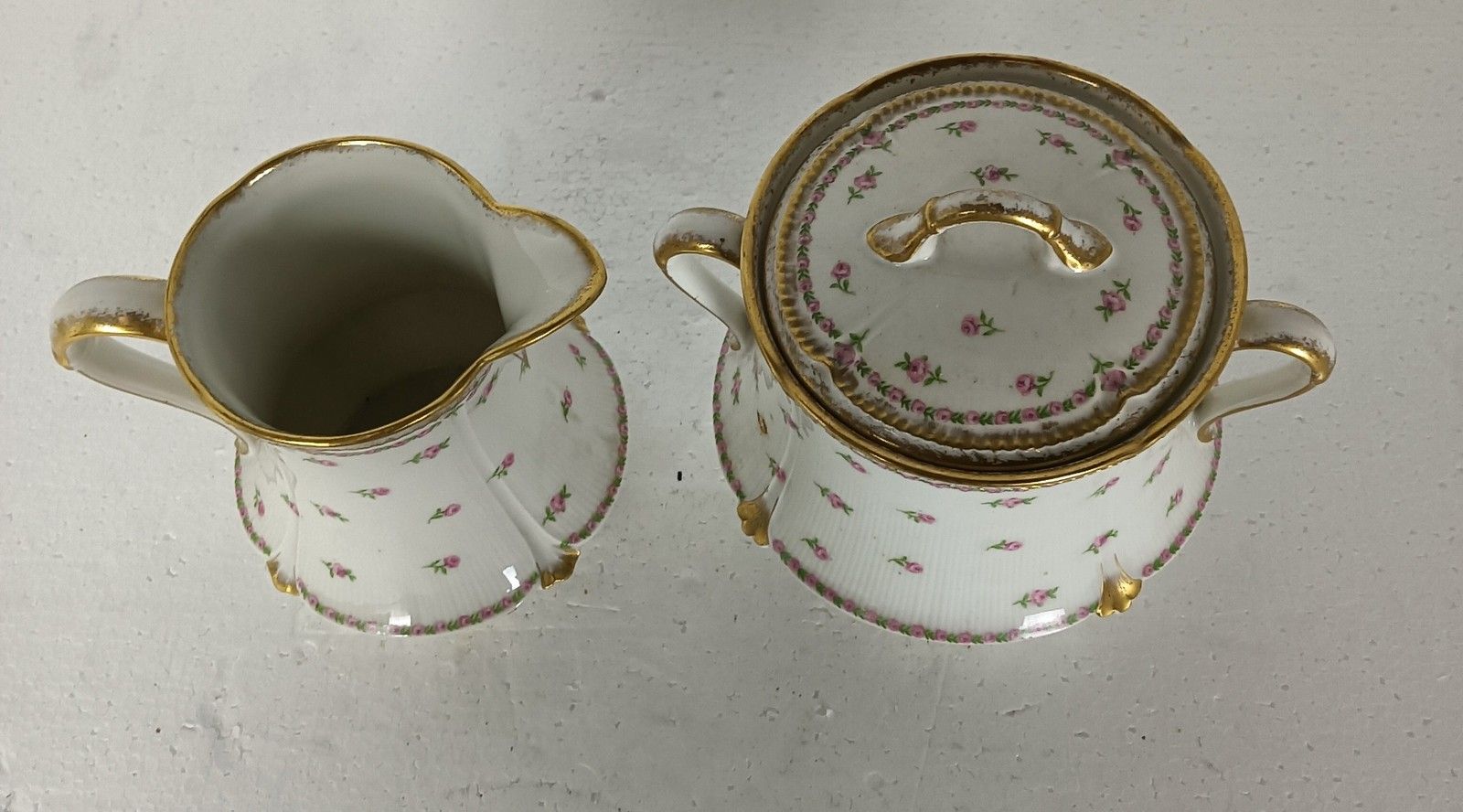 Sugar Bowl Creamer Large Antique Dekor Gilda Limoges Rose Buds Frognet Set Of 2 photo 179.0