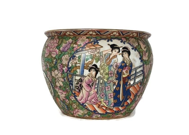 Vintage Chinese Porcelain Enamel Koi Fish Bowl Planter Vase Flowers Cachepot Han