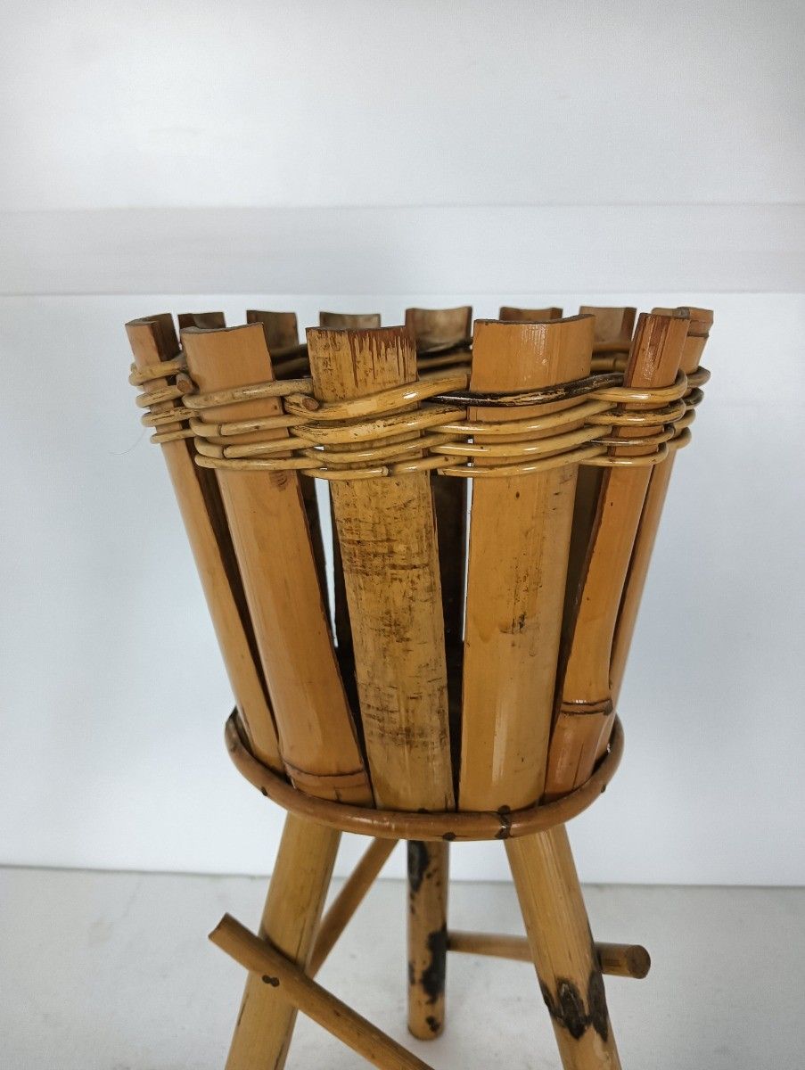 Vintage Standing Plant Holder Planter Bamboo Rattan Retro Mid Century Modern Fra photo for sale