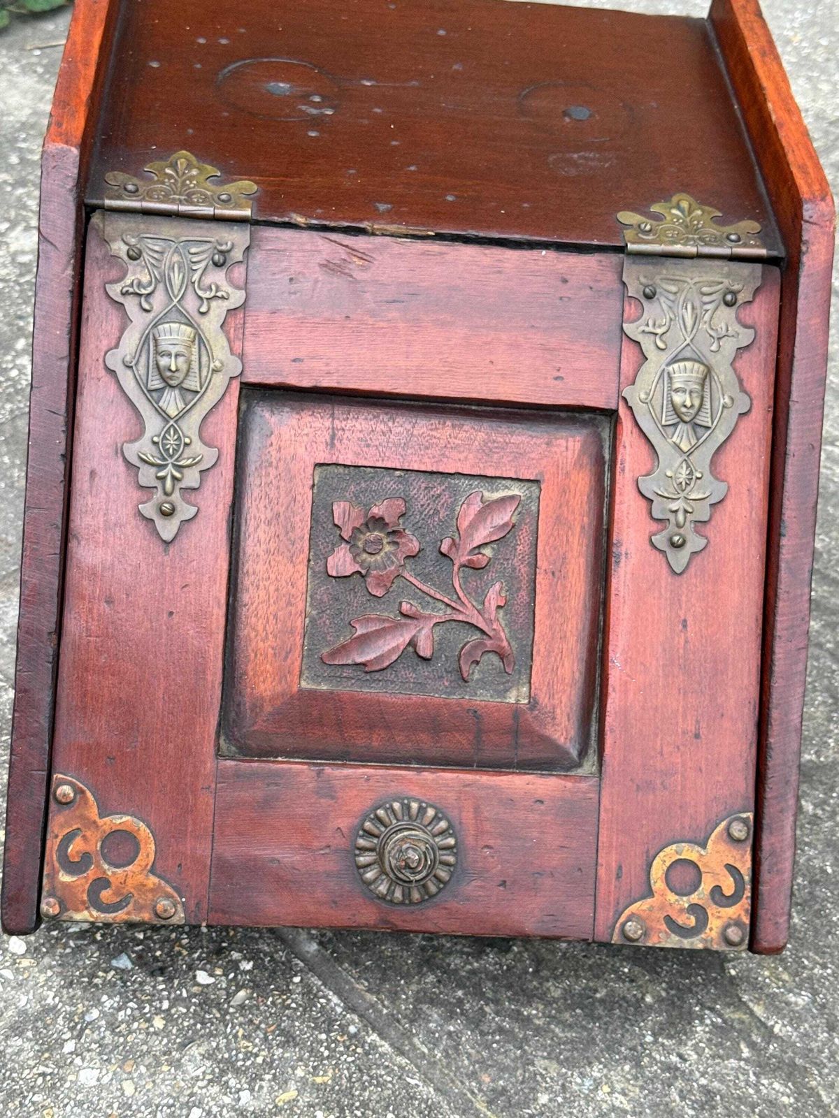 Antique Victorian Carved Wooden Coal Scuttle Brass Mount Fireside Storage Box photo furniture
