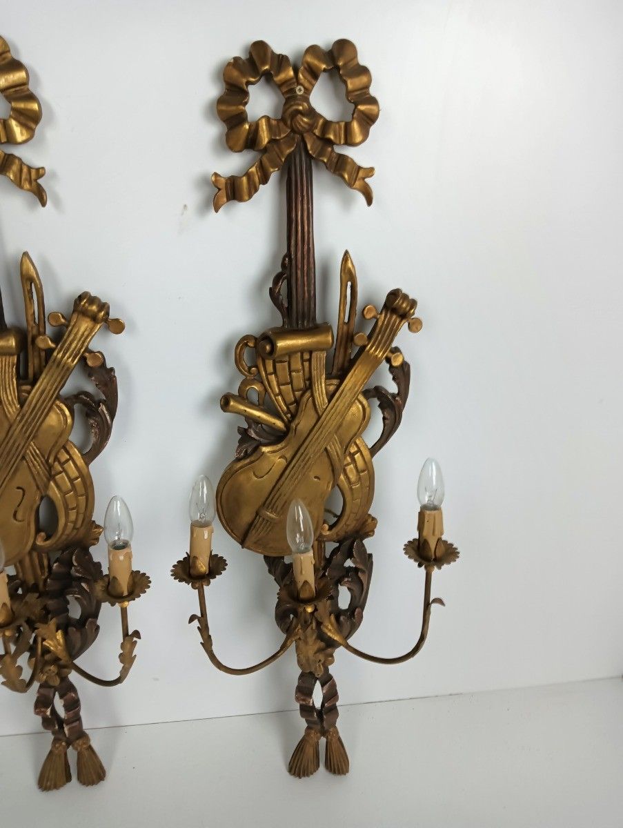 Large Couple Wall Sconces Lamps Sheaf Of Wheat Antique Wood Musical Instrument photo furniture