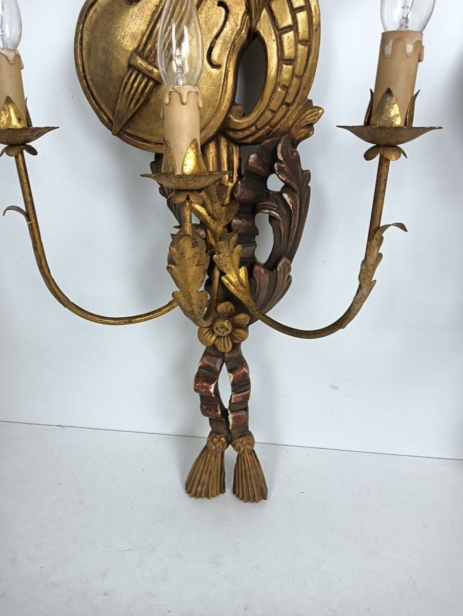 Large Couple Wall Sconces Lamps Sheaf Of Wheat Antique Wood Musical Instrument photo vintage