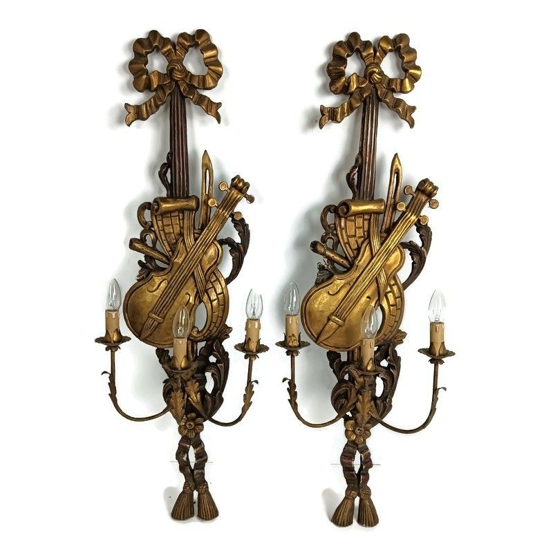 Large Pair  Wall Sconces Lamps Sheaf Of Wheat Antique Wood Musical Instrument Ho