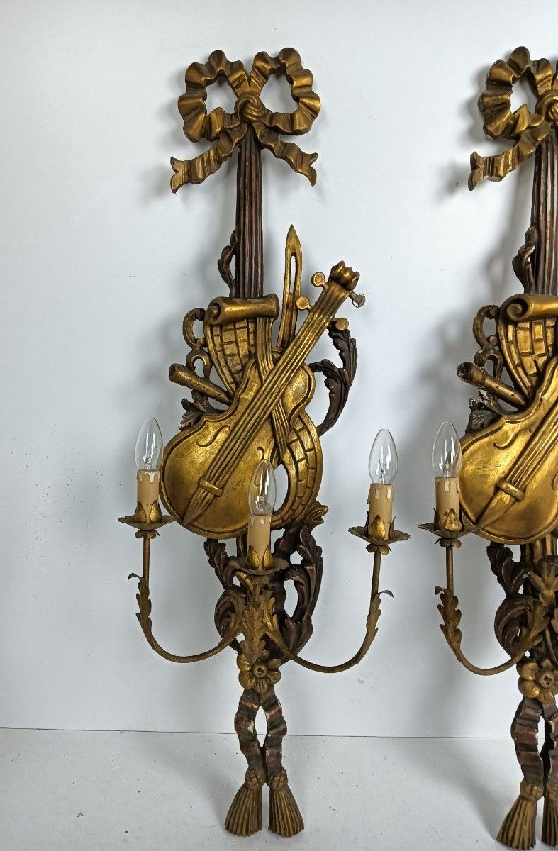 Large Pair  Wall Sconces Lamps Sheaf Of Wheat Antique Wood Musical Instrument Ho photo furniture