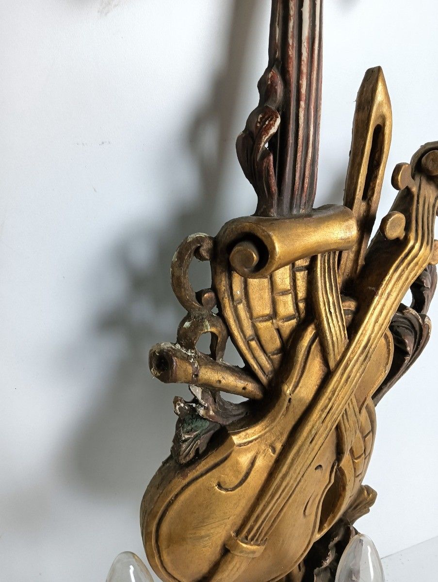 Large Pair  Wall Sconces Lamps Sheaf Of Wheat Antique Wood Musical Instrument Ho photo 1565.0