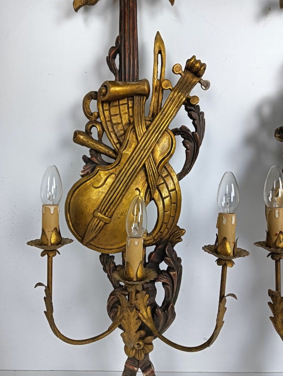 Large Pair  Wall Sconces Lamps Sheaf Of Wheat Antique Wood Musical Instrument Ho photo buy